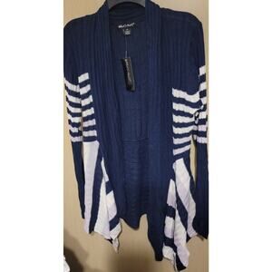 What's Next? Cardigan Sweater Women 2X Navy White Stripe Knit Layered Open Front